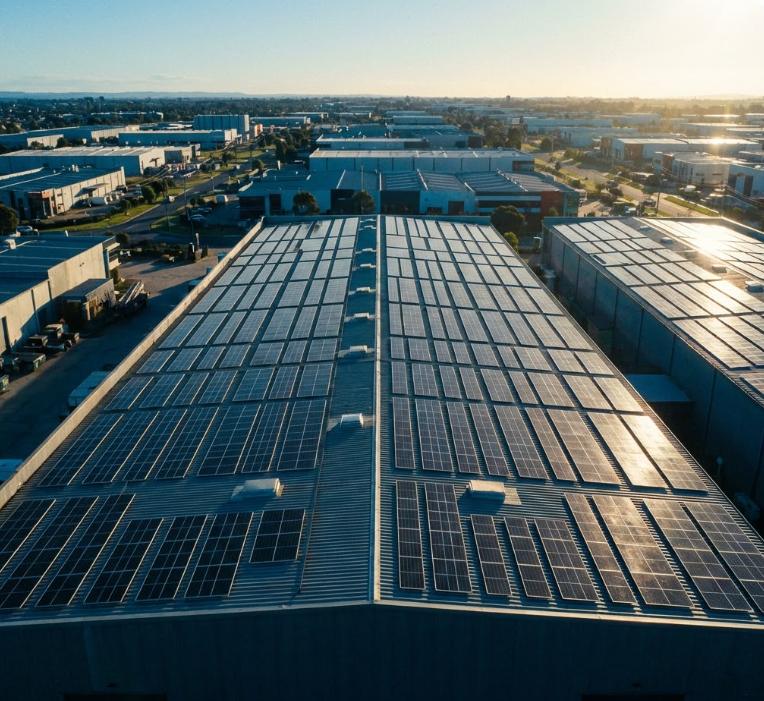 Aerial view of commercial solar panels installed on warehouse rooftop in industrial area at sunset