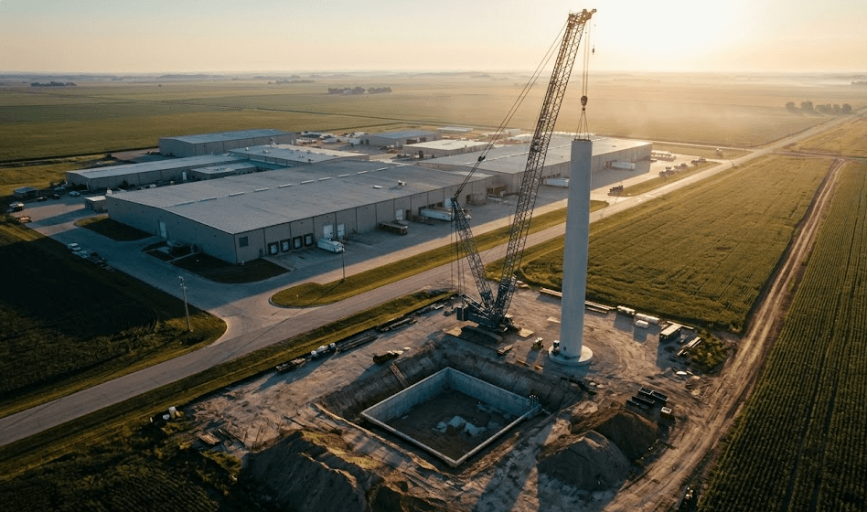 Aerial cinematic view of a commercial wind turbine installation at an industrial facility, dramatic golden hour lighting, crane and foundation visible from above