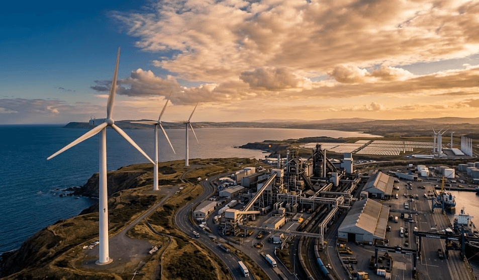 Commercial wind turbines operating alongside a large industrial manufacturing facility at dusk