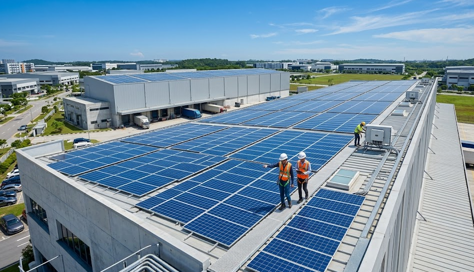 Green energy solutions commercial solar panel installation on warehouse rooftop