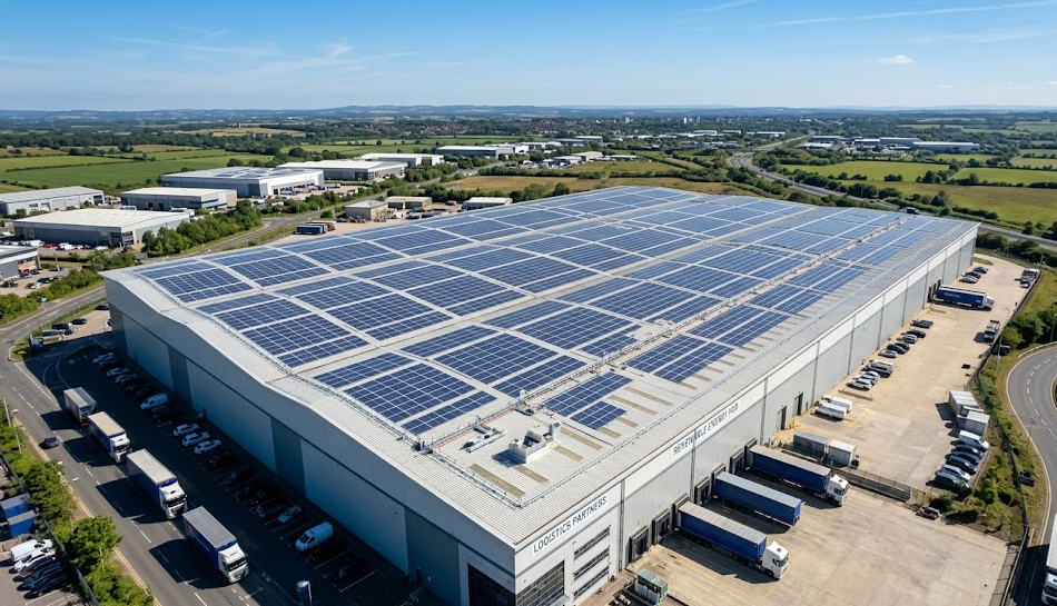 Large scale commercial solar installation on an industrial warehouse roof, clear blue sky, professional engineering by EnergyLZ.