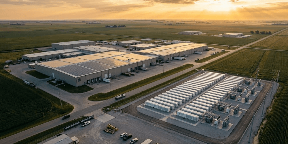 Commercial facility using hybrid energy storage system combining solar panels and industrial battery bank