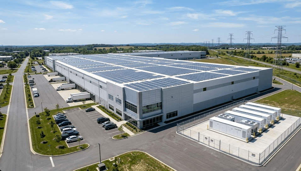 Aerial view of a commercial building with rooftop solar panels, battery storage unit, and utility grid connection — a hybrid solar system setup