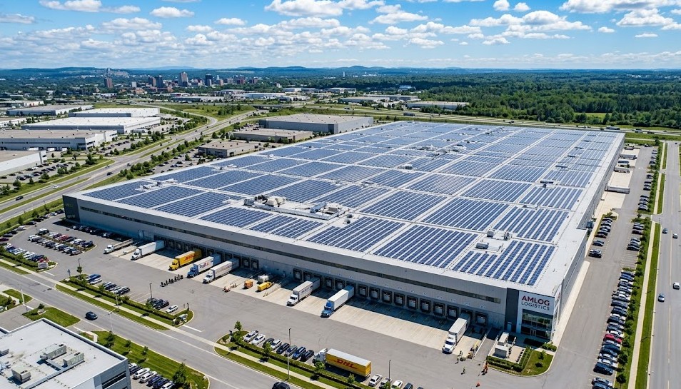 Commercial solar panel array on warehouse rooftop representing solar energy pros and cons in 2026