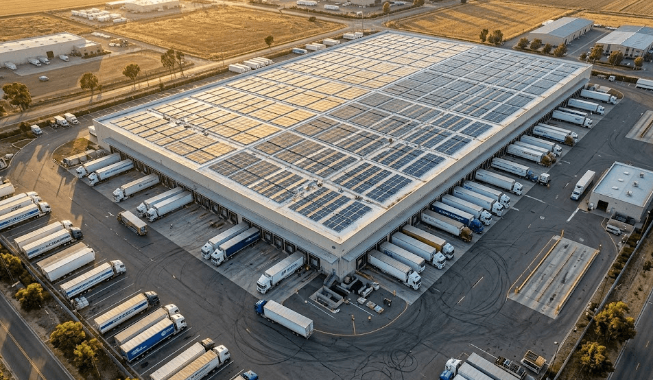 Solar for cold storage warehouses — rooftop commercial solar panel system on a large logistics facility