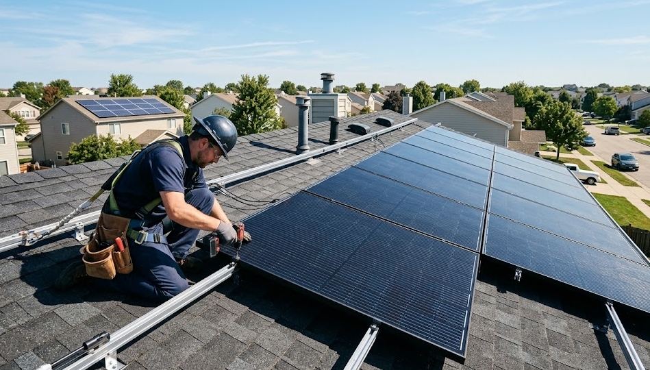 Solar panel installation on residential rooftop with technician working in clear sky daylight