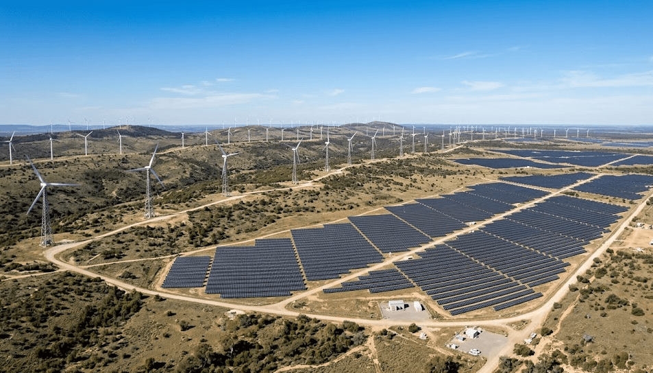 Wind turbines and solar panels generating clean energy in an open landscape