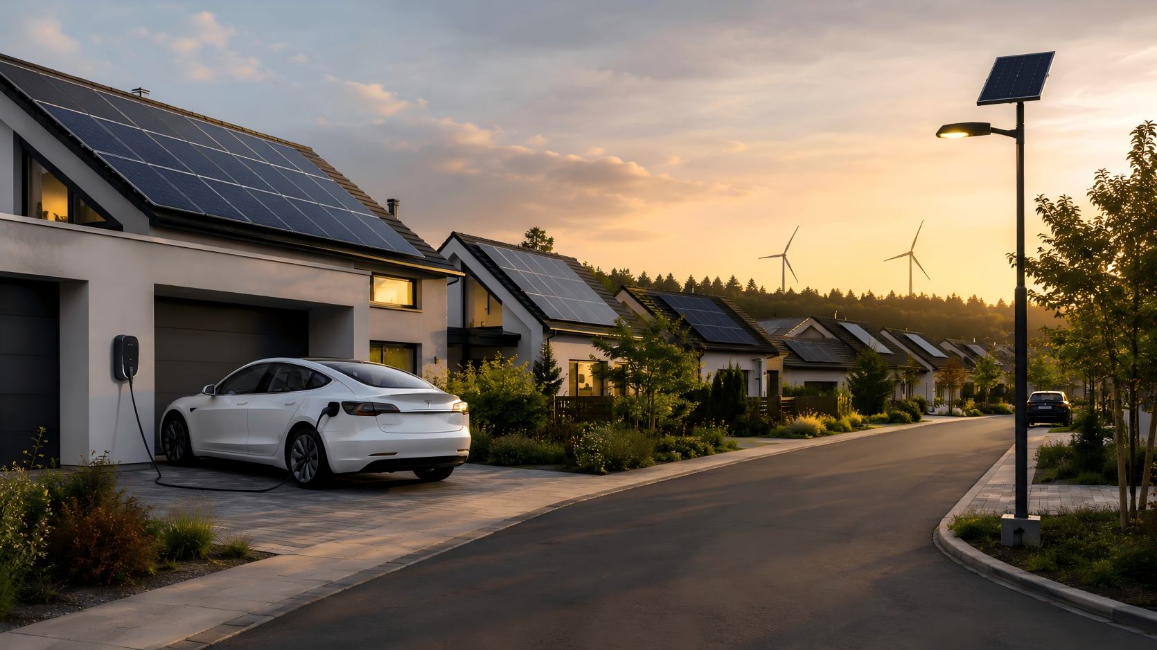 Renewable energy is used in daily life through solar homes, electric vehicles, wind power, and solar street lights