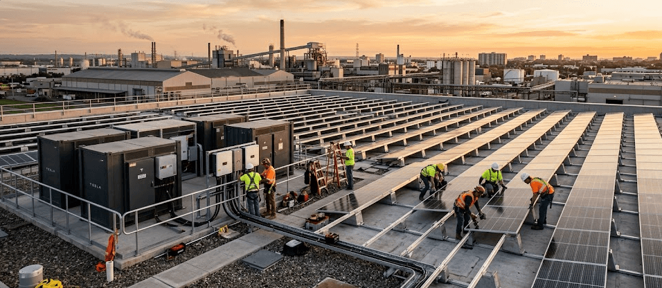 Commercial hybrid energy system installation on industrial rooftop