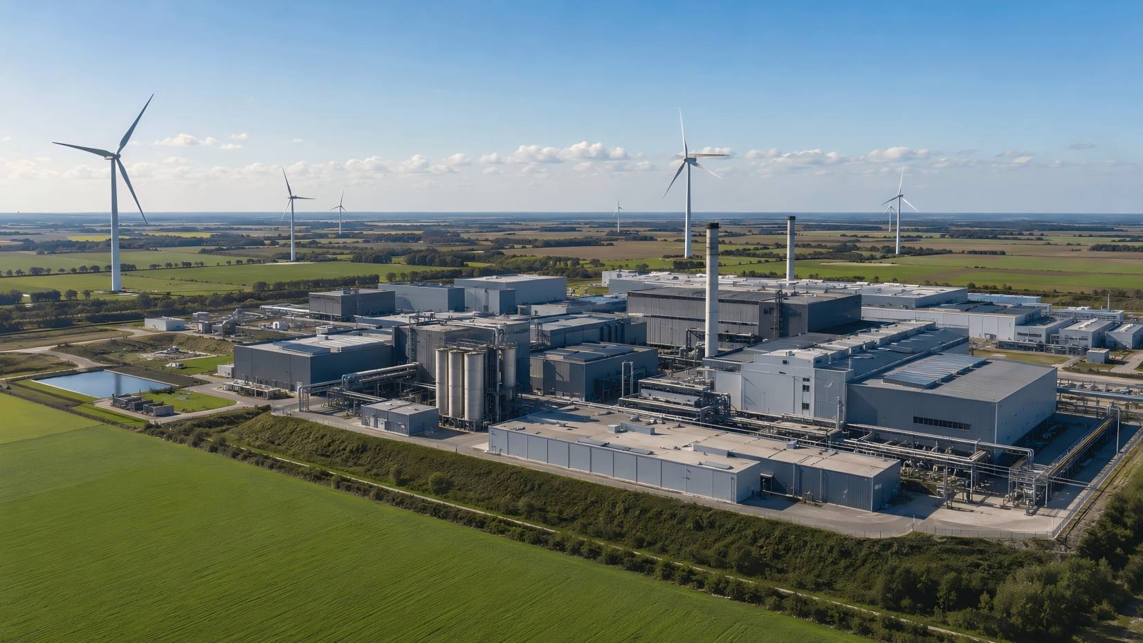 Wind turbines installed on open land adjacent to a large industrial factory complex