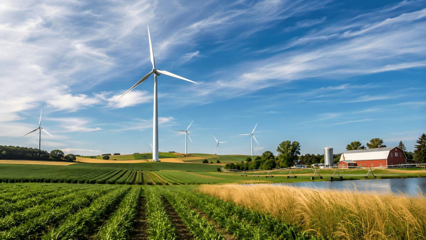 Wind energy in agriculture with wind turbines across open farmland and crop fields