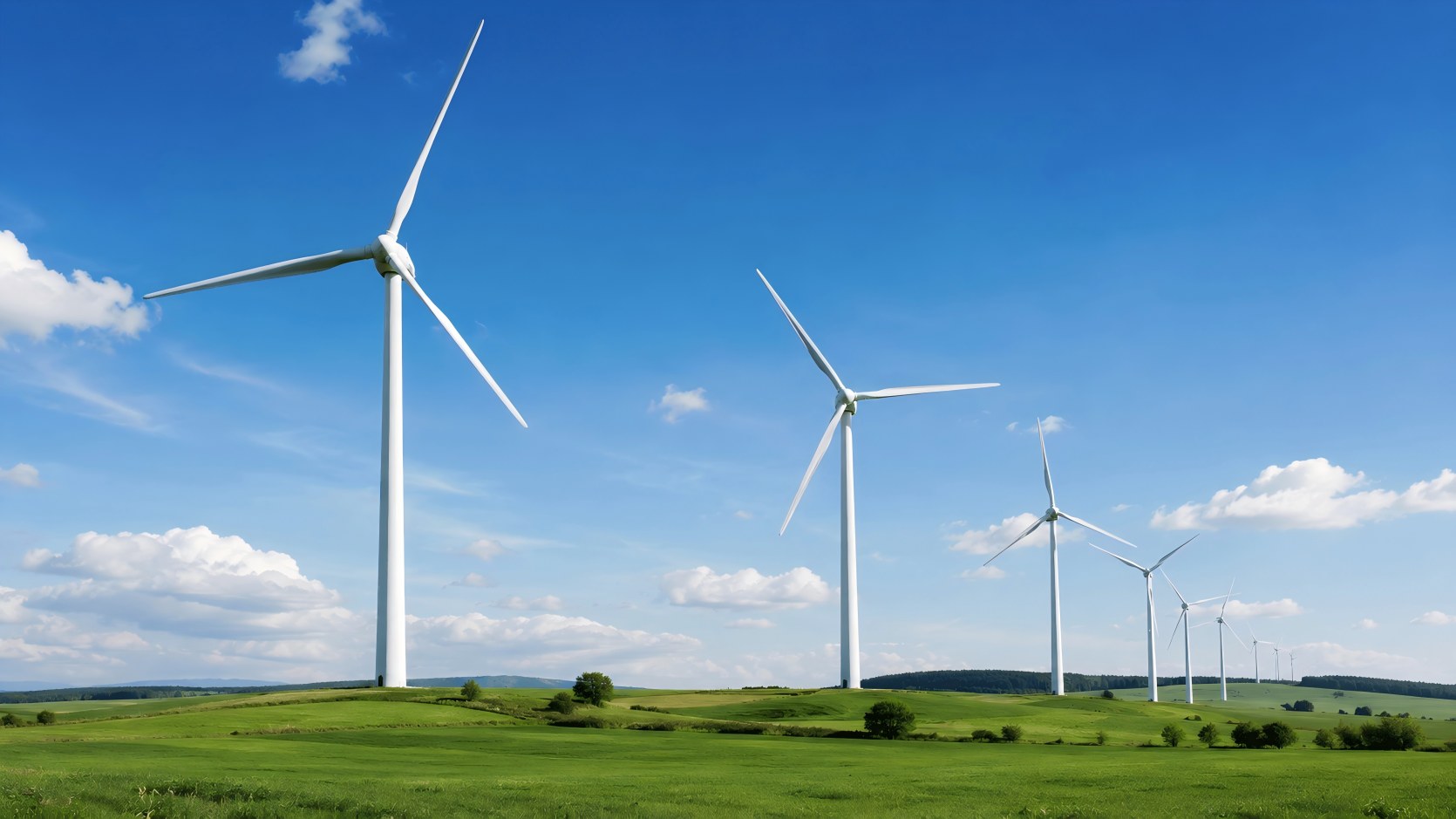 Large wind turbines in a green landscape showing wind energy generation
