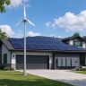 Hybrid residential energy system with rooftop solar panels, wind turbine, and battery storage cabinets