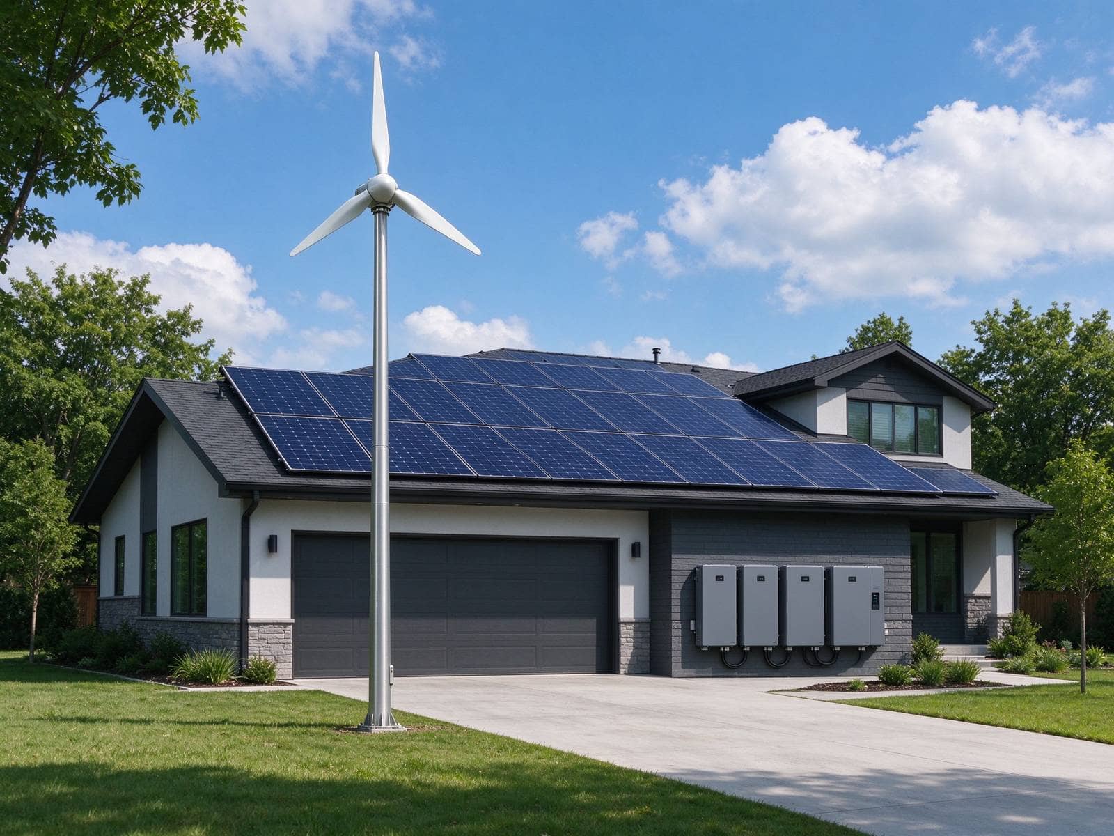 Hybrid residential energy system with rooftop solar panels, wind turbine, and battery storage cabinets