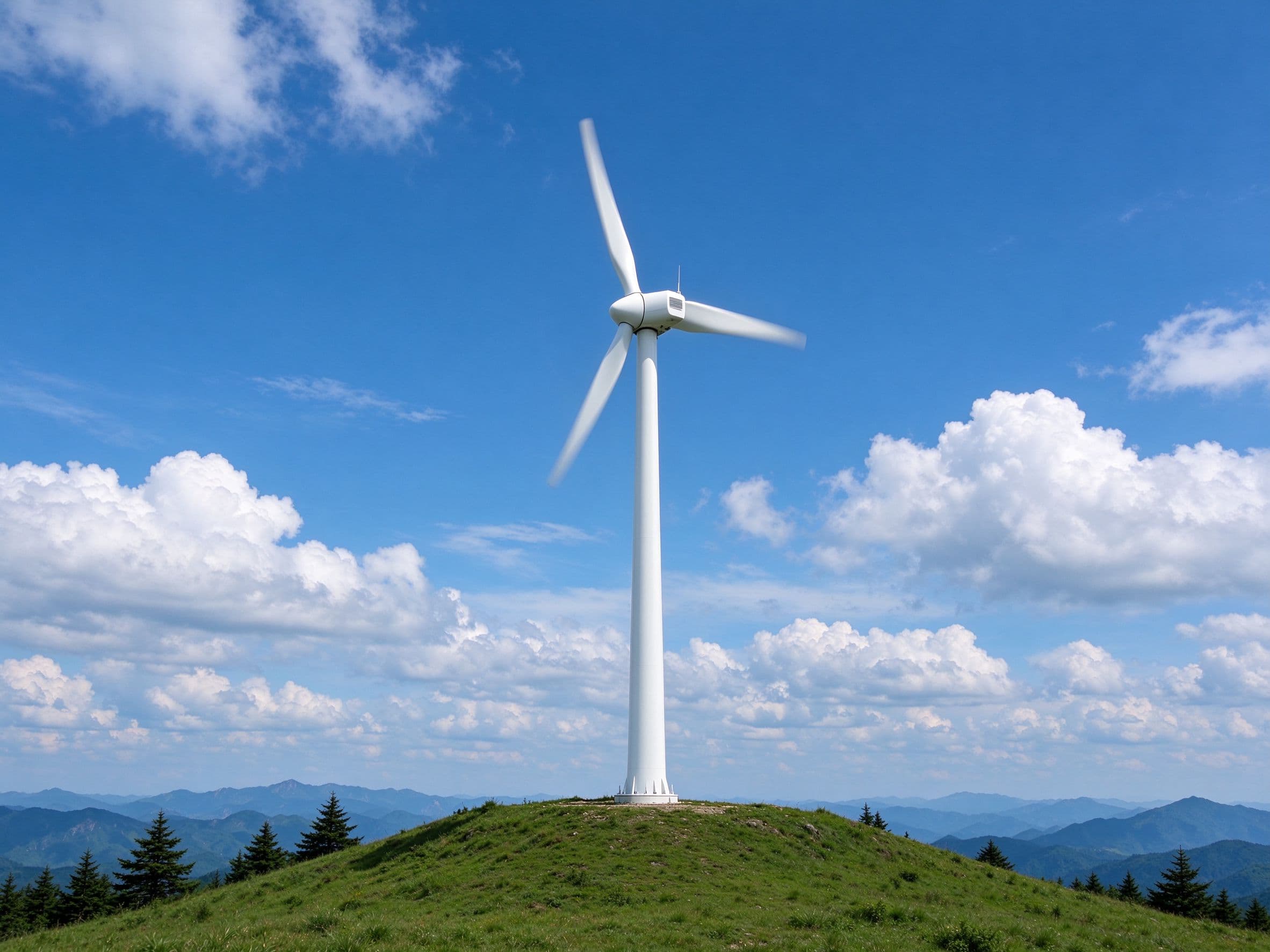 Small wind turbine on a green hilltop with blue sky and mountain range background