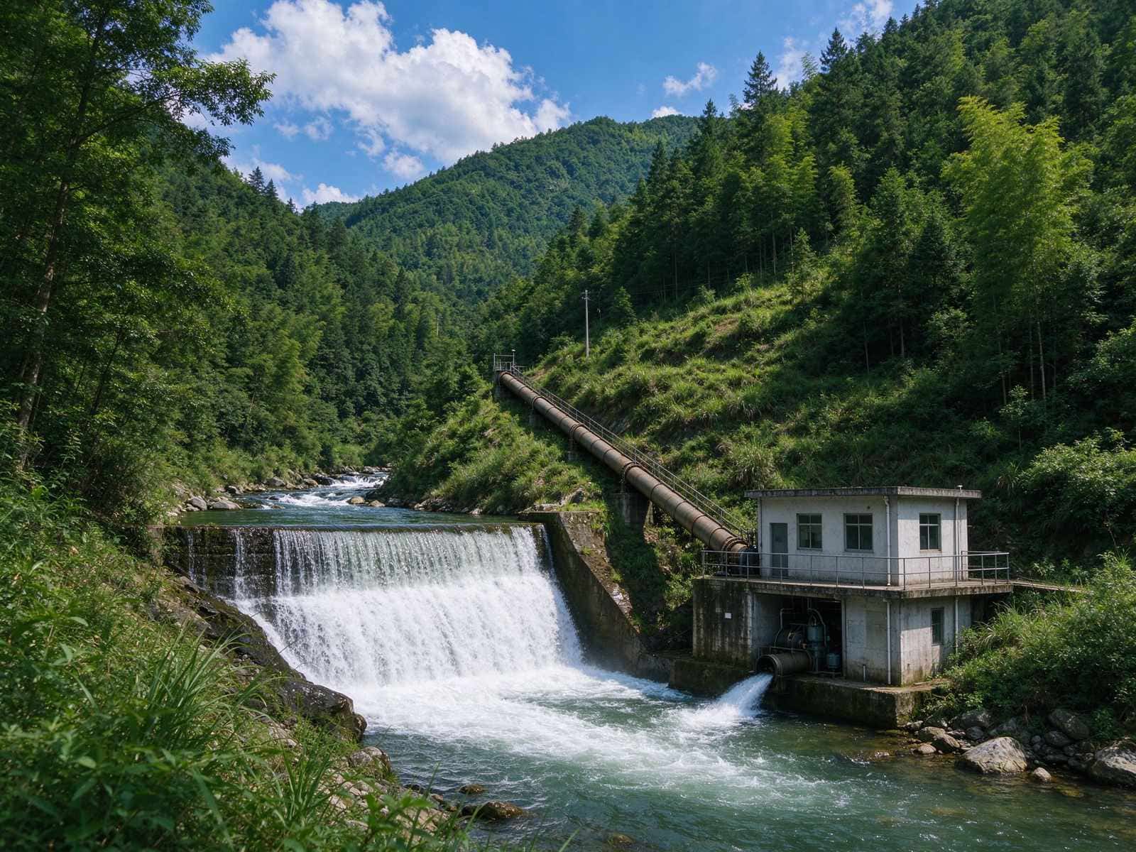 Small hydropower station on a mountain stream with dam, penstock pipe, and power house